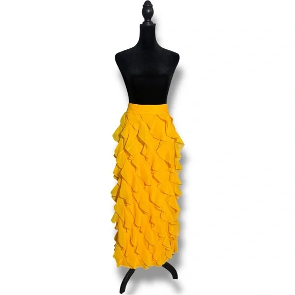 Anthropologie Let Me Be Sasha Elegant Yellow/Gold Ruffled Maxi Skirt with Slit - Picture 2 of 16